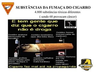 SUBSTÂNCIAS DA FUMAÇA DO CIGARRO
4.800 substâncias tóxicas diferentes
( sendo 68 provocam câncer)
 