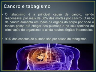 • O tabagismo é a principal causa de cancro, sendo
responsável por mais de 30% das mortes por cancro. O risco
de cancro aumenta em todos os órgãos do corpo por onde o
tabaco passa até chegar aos pulmões e no seu caminho de
eliminação do organismo e ainda noutros órgãos intermédios.
• 90% dos cancros do pulmão são por causa do tabagismo.
 