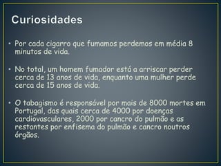 • Por cada cigarro que fumamos perdemos em média 8
minutos de vida.
• No total, um homem fumador está a arriscar perder
cerca de 13 anos de vida, enquanto uma mulher perde
cerca de 15 anos de vida.
• O tabagismo é responsável por mais de 8000 mortes em
Portugal, das quais cerca de 4000 por doenças
cardiovasculares, 2000 por cancro do pulmão e as
restantes por enfisema do pulmão e cancro noutros
órgãos.
 