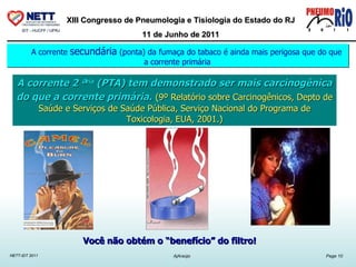 A corrente  secundária  (ponta) da fumaça do tabaco é ainda mais perigosa que do que a corrente primária   A corrente 2 ª ria  (PTA) tem demonstrado ser mais carcinogênica do que a corrente primária.   (9º Relatório sobre Carcinogênicos, Depto de Saúde e Serviços de Saúde Pública, Serviço Nacional do Programa de Toxicologia, EUA, 2001.) Você não obtém o “benefício” do filtro! 