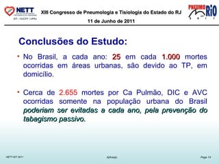 No Brasil, a cada ano:  25  em cada  1.000  mortes ocorridas em áreas urbanas, são devido ao TP, em domicílio. Cerca de  2.655  mortes por Ca Pulmão, DIC e AVC ocorridas somente na população urbana do Brasil  poderiam ser evitadas a cada ano, pela prevenção do tabagismo passivo. Conclusões do Estudo: 