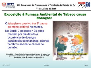 Exposição à Fumaça Ambiental do Tabaco causa doenças!    O  tabagismo passivo é a 3ª causa de morte evitável  no mundo. No Brasil, 7 pessoas > 35 anos morrem por dia devido a ocorrência de doenças isquêmicas coronarianas, doença cérebro-vascular e câncer de pulmão. INCA, 2008 – Risco Atribuível à exposição à fumaça do tabaco em população residente em aglomerados urbanos, Brasil, 2003. Figueiredo V (INCA), Costa AJL (IESC/UFRJ). 