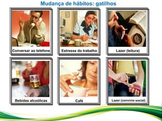 Estresse do trabalho
Café
Conversar ao telefone
Bebidas alcoólicas
Lazer (leitura)
Lazer (convívio social)
Mudança de hábitos: gatilhos
 