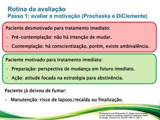 Paciente motivado para tratamento imediato:
• Preparação: perspectiva de mudança em futuro imediato.
• Ação: atitude focada na estratégia para abstinência.
Paciente desmotivado para tratamento imediato:
• Pré-contemplação: não há intenção de mudar.
• Contemplação: há conscientização, porém, existe ambivalência.
Prochaska JO and DiClemente CC. Stages and processes
of self-change of smoking: toward an integrative model
of change. J Consult Clin Psychol 1983;51:390–5.
Rotina da avaliação
Passo 1: avaliar a motivação (Prochaska e DiClemente)
Paciente já deixou de fumar:
• Manutenção: risco de lapsos/recaída ou finalização.
 