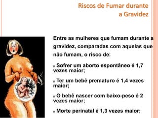 Entre as mulheres que fumam durante a
gravidez, comparadas com aquelas que
não fumam, o risco de:
n Sofrer um aborto espontâneo é 1,7
vezes maior;
n Ter um bebê prematuro é 1,4 vezes
maior;
n O bebê nascer com baixo-peso é 2
vezes maior;
n Morte perinatal é 1,3 vezes maior;
Riscos de Fumar durante
a Gravidez
 