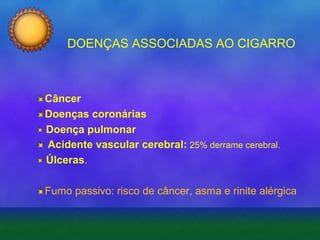 DOENÇAS ASSOCIADAS AO CIGARRO

Câncer
Doenças coronárias
Doença pulmonar
Acidente vascular cerebral: 25% derrame cerebral.
Úlceras.
Fumo passivo: risco de câncer, asma e rinite alérgica

 