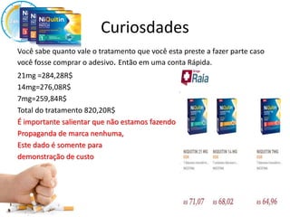 Curiosdades
Você sabe quanto vale o tratamento que você esta preste a fazer parte caso
você fosse comprar o adesivo. Então em uma conta Rápida.
21mg =284,28R$
14mg=276,08R$
7mg=259,84R$
Total do tratamento 820,20R$
É importante salientar que não estamos fazendo
Propaganda de marca nenhuma,
Este dado é somente para
demonstração de custo
 