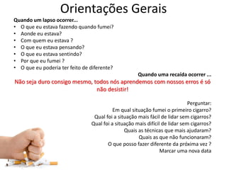 Orientações Gerais
Quando um lapso ocorrer...
• O que eu estava fazendo quando fumei?
• Aonde eu estava?
• Com quem eu estava ?
• O que eu estava pensando?
• O que eu estava sentindo?
• Por que eu fumei ?
• O que eu poderia ter feito de diferente?
Quando uma recaída ocorrer ...
Não seja duro consigo mesmo, todos nós aprendemos com nossos erros é só
não desistir!
Perguntar:
Em qual situação fumei o primeiro cigarro?
Qual foi a situação mais fácil de lidar sem cigarros?
Qual foi a situação mais difícil de lidar sem cigarros?
Quais as técnicas que mais ajudaram?
Quais as que não funcionaram?
O que posso fazer diferente da próxima vez ?
Marcar uma nova data
 