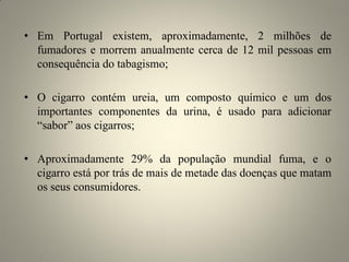 • Em Portugal existem, aproximadamente, 2 milhões de
fumadores e morrem anualmente cerca de 12 mil pessoas em
consequência do tabagismo;
• O cigarro contém ureia, um composto químico e um dos
importantes componentes da urina, é usado para adicionar
“sabor” aos cigarros;

• Aproximadamente 29% da população mundial fuma, e o
cigarro está por trás de mais de metade das doenças que matam
os seus consumidores.

 