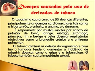 O tabagismo causa cerca de 50 doenças diferentes, principalmente as doenças cardiovasculares tais como: a hipertensão, o enfarto, a angina, e o derrame.  É responsável por muitas mortes por cancro de pulmão, de boca, laringe, esófago, estômago, pâncreas, rim e bexiga e pelas doenças respiratórias obstrutivas como a bronquite crónica e o enfisema pulmonar.  O tabaco diminui as defesas do organismo e com isso o fumador tende a aumentar a incidência de adquirir doenças como a gripe e a tuberculose. O tabaco também causa impotência sexual. Doenças causadas pelo uso de derivados de tabaco 