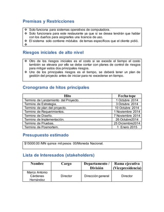 Premisas y Restricciones 
 Solo funciona para sistemas operativos de computadora. 
 Solo funcionara para este restaurante ya que si se desea tendrán que hablar 
con los dueños para asignarles una licencia de uso. 
 El sistema solo contiene módulos de temas específicos que el cliente pidió. 
 
Riesgos iniciales de alto nivel 
 Otro de los riesgos iniciales es el costo si se excede el tiempo el costo 
también se elevara por ello se debe contar con planes de control de riesgos 
para mitigar estos dos principales riesgos. 
 Uno de los principales riesgos es el tiempo, se deberá tener un plan de 
gestión del proyecto antes de iniciar para no excederse en tiempo. 
Cronograma de hitos principales 
Hito Fecha tope 
Termino de Lanzamiento del Proyecto. 1 Octubre 2014 
Termino de Estrategia. 3 Octubre 2014 
Termino de plan del proyecto. 10 Octubre 2014 
Termino de Requerimientos. 1 Noviembre 2014 
Termino de Diseño. 7 Noviembre 2014 
Termino de Implementación. 26 Octubre2014 
Termino de Pruebas. 25 Diciembre2014 
Termino de Posmortem. 1 Enero 2015 
Presupuesto estimado 
$15000.00 /MN quince mil pesos 00/Moneda Nacional. 
Lista de Interesados (stakeholders) 
Nombre Cargo Departamento / 
División 
Rama ejecutiva 
(Vicepresidencia) 
Marco Antonio 
Cárdenas 
Hernández 
Director 
Dirección general 
Director 
 