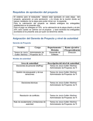 Requisitos de aprobación del proyecto 
El sistema para el restaurante deberá estar aprobado en cada etapa del 
proyecto, generando un acta aprobación y la minuta de la reunión donde se 
expuso resultados de la etapa para poder iniciar con la siguiente. 
Para la culminación del proyecto se deberá entregara los entregables 
establecidos en la presente acta. 
Para el pago se entregara el 75% en la culminación de la etapa diseño y el otro 
25% será cuando se culmine con el proyecto y sean recibidos los entregables 
acordados en la presente acta por quien se denomina cliente. 
Asignación del Gerente de Proyecto y nivel de autoridad 
Gerente de Proyecto 
Nombre Cargo Departamento / 
División 
Rama ejecutiva 
(Vicepresidencia) 
Teresa de Jesús 
Guillen Martínez 
Administrador de 
Proyectos de TI 
Desarrollo de 
Software 
Dirección 
Niveles de autoridad 
Área de autoridad Descripción del nivel de autoridad 
Decisiones de personal (Staffing) Teresa de Jesús Guillen Martínez 
Administrador de Proyectos de TI 
Gestión de presupuesto y de sus 
variaciones 
Teresa de Jesús Guillen Martínez 
Administrador de Proyectos de TI 
Decisiones técnicas 
Teresa de Jesús Guillen Martínez 
Administrador de Proyectos de TI 
Resolución de conflictos 
Teresa de Jesús Guillen Martínez 
Administrador de Proyectos de TI 
Ruta de escalamiento y limitaciones de 
autoridad 
Teresa de Jesús Guillen Martínez 
Administrador de Proyectos de TI 
 