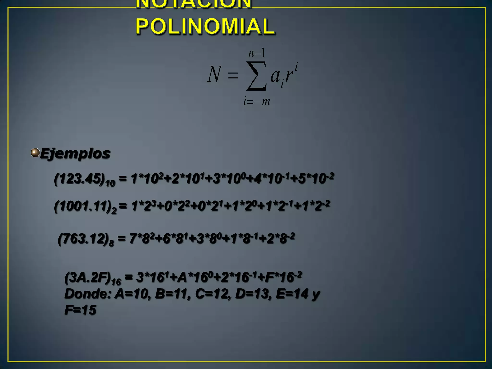 n 1
                                                i
                         N               ai r
                               i     m


Ejemplos
 (123.45)10 = 1*102+2*101+3*100+4*10-1+5*10-2

 (1001.11)2 = 1*23+0*22+0*21+1*20+1*2-1+1*2-2

 (763.12)8 = 7*82+6*81+3*80+1*8-1+2*8-2

  (3A.2F)16 = 3*161+A*160+2*16-1+F*16-2
  Donde: A=10, B=11, C=12, D=13, E=14 y
  F=15
 