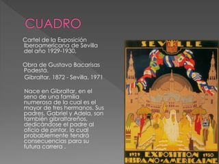 Cartel de la Exposición
Iberoamericana de Sevilla
del año 1929-1930,
Obra de Gustavo Bacarisas
Podestá.
Gibraltar, 1872 - Sevilla, 1971
Nace en Gibraltar, en el
seno de una familia
numerosa de la cual es el
mayor de tres hermanos. Sus
padres, Gabriel y Adela, son
también gibraltareños,
dedicándose el padre al
oficio de pintor, lo cual
probablemente tendrá
consecuencias para su
futura carrera .
 