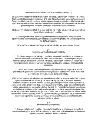 c) stali vlastníctvom štátu podľa osobitného predpisu. 3)
(2) Daňovým skladom môže byť len podnik na výrobu tabakových výrobkov ( § 17 ods.
1) alebo sklad tabakových výrobkov ( § 18 ods. 1) nachádzajúci sa na daňovom území.
Daňovým skladom je aj podnik na výrobu tabakových výrobkov alebo sklad tabakových
výrobkov nachádzajúci sa na území iného členského štátu, ktorého prevádzkovanie je
povolené podľa právnych predpisov príslušného členského štátu.
(3) Daňovým skladom môže byť aj časť podniku na výrobu tabakových výrobkov alebo
časť skladu tabakových výrobkov.
(4) Daňovým skladom nemôže byť sklad tabakových výrobkov, ktorý nakupuje
spotrebiteľské balenia tabakových výrobkov na účely ich predaja na konečnú spotrebu
na daňovom území.
(5) V daňovom sklade môžu byť tabakové výrobky len v pozastavení dane.
§ 17
Podnik na výrobu tabakových výrobkov
(1) Podnikom na výrobu tabakových výrobkov na účely tohto zákona je priestorovo
ohraničené miesto nachádzajúce sa na daňovom území, zariadené príslušným
technologickým zariadením určeným na výrobu tabakových výrobkov, v ktorom sa v
rámci podnikania tabakové výrobky vyrábajú, spracúvajú, skladujú, prijímajú alebo
odosielajú.
(2) Osoba, ktorá má v predmete podnikania výrobu tabakových výrobkov a chce
prevádzkovať podnik na výrobu tabakových výrobkov v pozastavení dane, musí mať
povolenie na prevádzkovanie daňového skladu.
(3) Výrobou tabakových výrobkov sa na účely tohto zákona rozumie akýkoľvek proces
spracovania tabakovej suroviny 10) na tabakový výrobok, a to najmä triedenie,
miešanie, vlhčenie, rezanie, trhanie, sušenie, prípadne pridávanie prídavných látok a
pomocných látok, zhotovenie do podoby tabakového výrobku alebo balenie tabakového
výrobku na predaj iným prevádzkovateľom živností 11) (veľkoobchod) alebo konečnému
spotrebiteľovi (maloobchod); za výrobu tabakových výrobkov sa považuje aj použitie
tabakových výrobkov uvedených v § 4 ods. 3 písm. b) a c) ako suroviny na výrobu iného
tabakového výrobku podľa § 4 ods. 3. Výrobou tabakových výrobkov nie je vlastnoručné
zhotovenie cigariet na osobnú spotrebu z preukázateľne zdaneného tabakového
výrobku, ktorým je tabak.
§ 18
Sklad tabakových výrobkov
(1) Skladom tabakových výrobkov na účely tohto zákona je priestorovo ohraničené
miesto nachádzajúce sa na daňovom území, v ktorom sa v rámci podnikania tabakové
výrobky prijímajú, skladujú alebo odosielajú.

 