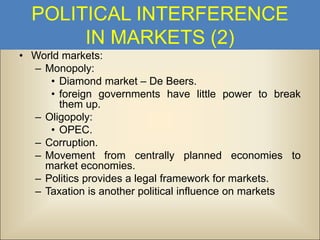 POLITICAL INTERFERENCE
IN MARKETS (2)
• World markets:
– Monopoly:
• Diamond market – De Beers.
• foreign governments have little power to break
them up.
– Oligopoly:
• OPEC.
– Corruption.
– Movement from centrally planned economies to
market economies.
– Politics provides a legal framework for markets.
– Taxation is another political influence on markets

 
