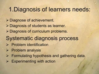 1.Diagnosis of learners needs:
 Diagnose of achievement.
 Diagnosis of students as learner.
 Diagnosis of curriculum problems.
Systematic diagnosis process
 Problem identification
 Problem analysis
 Formulating hypothesis and gathering data.
 Experimenting with action
 