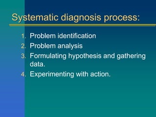 Systematic diagnosis process:
1. Problem identification
2. Problem analysis
3. Formulating hypothesis and gathering
data.
4. Experimenting with action.
 