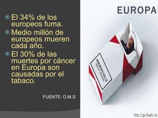 EUROPA El 34% de los europeos fuma. Medio millón de europeos mueren cada año. El 30% de las muertes por cáncer en Europa son causadas por el tabaco. FUENTE: O.M.S . 