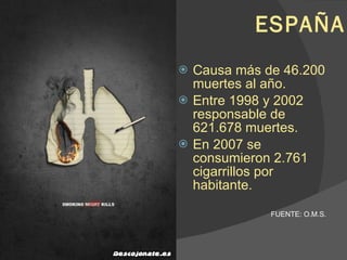 ESPAÑA Causa más de 46.200 muertes al año. Entre 1998 y 2002 responsable de 621.678 muertes. En 2007 se consumieron 2.761 cigarrillos por habitante. FUENTE: O.M.S. 