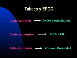 Coste sanitario
Coste económico
Vidas humanas 4ª causa Mortalidad
39.000 hospitaliz./año
0,2% P.I.B.
Tabaco y EPOC
 