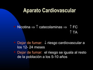  Nicotina ⇒ ↑ catecolaminas ⇒ ↑ FC
↑ TA
 Dejar de fumar: ↓ riesgo cardiovascular a
los 12- 24 meses
 Dejar de fumar: el riesgo se iguala al resto
de la población a los 5-10 años
Aparato Cardiovascular
 