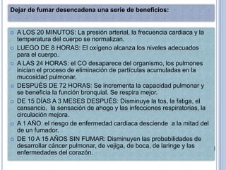 Dejar de fumar desencadena una serie de beneficios:


   A LOS 20 MINUTOS: La presión arterial, la frecuencia cardiaca y la
    temperatura del cuerpo se normalizan.
   LUEGO DE 8 HORAS: El oxígeno alcanza los niveles adecuados
    para el cuerpo.
   A LAS 24 HORAS: el CO desaparece del organismo, los pulmones
    inician el proceso de eliminación de partículas acumuladas en la
    mucosidad pulmonar.
   DESPUÉS DE 72 HORAS: Se incrementa la capacidad pulmonar y
    se beneficia la función bronquial. Se respira mejor.
   DE 15 DÍAS A 3 MESES DESPUÉS: Disminuye la tos, la fatiga, el
    cansancio, la sensación de ahogo y las infecciones respiratorias, la
    circulación mejora.
   A 1 AÑO: el riesgo de enfermedad cardiaca desciende a la mitad del
    de un fumador.
   DE 10 A 15 AÑOS SIN FUMAR: Disminuyen las probabilidades de
    desarrollar cáncer pulmonar, de vejiga, de boca, de laringe y las
    enfermedades del corazón.
 