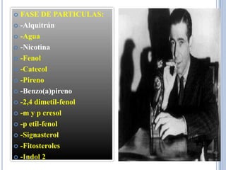  FASE DE PARTICULAS:
 -Alquitrán

 -Agua

 -Nicotina

 -Fenol

 -Catecol

 -Pireno

 -Benzo(a)pireno

 -2,4 dimetil-fenol

 -m y p cresol

 -p etil-fenol

 -Signasterol

 -Fitosteroles

 -Indol 2
 