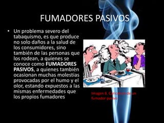 FUMADORES PASIVOS
• Un problema severo del
tabaquismo, es que produce
no solo daños a la salud de
los consumidores, sino
también de las personas que
los rodean, a quienes se
conoce como FUMADORES
PASIVOS, a quienes también
ocasionan muchas molestias
provocadas por el humo y el
olor, estando expuestos a las
mismas enfermedades que
los propios fumadores
Imagen 8. Caricatura de un
fumador pasivo
 