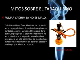 MITOS SOBRE EL TABAQUISMO
FUMAR CACHIMBA NO ES MALO.
Tal afirmación es falsa. El tabaco de cachimba
es un agregado hojas finas de tabaco y lavadas
juntadas con miel u otros aditivos para darle
sabor, el peligro de la cachimba realmente no
es la nicotina ni el alquitrán, sino el carbón,
que genera un alto porcentaje de monóxido de
carbono dando síntomas de dolor de cabeza y
sueño ya que afecta al cerebro.
Imagen 9. Cachimba
 