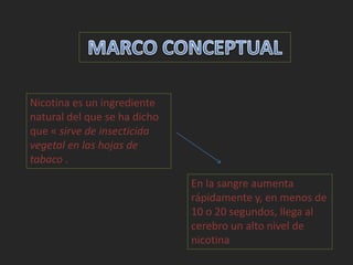 Nicotina es un ingrediente 
natural del que se ha dicho 
que « sirve de insecticida 
vegetal en las hojas de 
tabaco . 
En la sangre aumenta 
rápidamente y, en menos de 
10 o 20 segundos, llega al 
cerebro un alto nivel de 
nicotina 
 