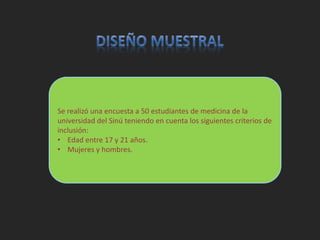 Se realizó una encuesta a 50 estudiantes de medicina de la 
universidad del Sinú teniendo en cuenta los siguientes criterios de 
inclusión: 
• Edad entre 17 y 21 años. 
• Mujeres y hombres. 
 