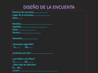 Numero de encuesta……………………. 
Lugar de la encuesta……………………….. 
Hora……… 
Nombre................................................. 
Apellido……………………………………… 
Edad…………………………. 
Genero……………………………… 
Semestre……………………… 
¿Consume cigarrillo? 
Si……… No…….. 
¿Cuántos por día?.................................. 
¿con filtro o sin filtro? 
Si…………… No………. 
¿Otro tipo de adicción? 
Si…. No… 
¿Cuál?........................................................... 
 