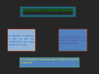RELEVANCIA CONTEMPORÁNEA 
El cigarrillo y la adicción 
a este, ha sido una 
problemática que viene 
desde varios años. 
Haciéndose campañas en 
Colombia como en la 
ciudad e Montería. 
Concientizando a los jóvenes sobre el daño de consumir 
el cigarrillo. 
 