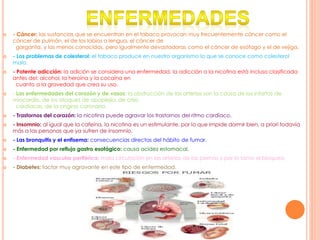  - Cáncer: las sustancias que se encuentran en el tabaco provocan muy frecuentemente cáncer como el
cáncer de pulmón, el de los labios o lengua, el cáncer de
garganta, y las menos conocidas, pero igualmente devastadoras como el cáncer de esófago y el de vejiga.
 - Los problemas de colesterol: el tabaco produce en nuestro organismo lo que se conoce como colesterol
malo.
 - Potente adicción: la adición se considera una enfermedad, la adicción a la nicotina está incluso clasificada
antes del: alcohol, la heroína y la cocaína en
cuanto a la gravedad que crea su uso.
 - Las enfermedades del corazón y de vasos: la obstrucción de las arterias son la causa de los infartos de
miocardio, de los ataques de apoplejía, de crisis
cardíacas, de la angina coronaria.
 - Trastornos del corazón: la nicotina puede agravar los trastornos del ritmo cardíaco.
 - Insomnio: al igual que la cafeína, la nicotina es un estimulante, por lo que impide dormir bien, a priori todavía
más a las personas que ya sufren de insomnio.
 - Las bronquitis y el enfisema: consecuencias directas del hábito de fumar.
 - Enfermedad por reflujo gastro esofágico: causa acidez estomacal.
 - Enfermedad vascular periférica: mala circulación en las arterias de las piernas y por lo tanto el bloqueo.
 - Diabetes: factor muy agravante en este tipo de enfermedad.
 