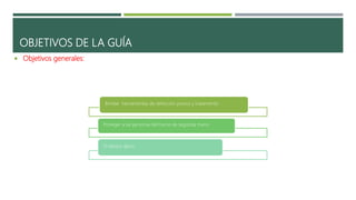 OBJETIVOS DE LA GUÍA
 Objetivos generales:
Brindar herramientas de detección precoz y tratamiento
Proteger a las personas del humo de segunda mano
O tabaco ajeno
 
