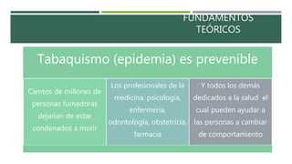 FUNDAMENTOS
TEÓRICOS
Tabaquismo (epidemia) es prevenible
Cientos de millones de
personas fumadoras
dejarían de estar
condenados a morir
Los profesionales de la
medicina, psicología,
enfermería,
odontología, obstetricia,
farmacia
Y todos los demás
dedicados a la salud el
cual pueden ayudar a
las personas a cambiar
de comportamiento
 