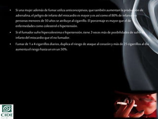 Page 12
• Si unamujer ademásde fumarutilizaanticonceptivos,que tambiénaumentanlaproducciónde
adrenalina,elpeligro de infartodel miocardioesmayoryes asícomo el 80%de infartosen
personasmenores de 50 añosseatribuyealcigarrillo. El porcentajeesmayorque el de
enfermedadescomo colesterol e hipertensión.
• Si elfumadorsufrehipercolereima e hipertensión,tiene 3veces másde posibilidadesde sufrirde
infartodel miocardioque el no fumador.
• Fumarde 1 a4 cigarrillos diarios,duplicael riesgo deataqueal corazónymás de25cigarrillos al día
aumentael riesgo hastaun en un50%.
 