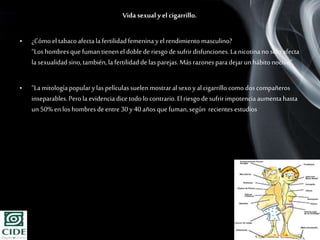 Page 17
Vida sexual y el cigarrillo.
• ¿Cómoel tabacoafectala fertilidadfemenina yel rendimientomasculino?
“Loshombresque fumantienen el doblede riesgo de sufrirdisfunciones.Lanicotinano sóloafecta
la sexualidadsino,también,la fertilidadde lasparejas.Más razonesparadejarunhábitonocivo”.
• “Lamitologíapopularylas películas suelen mostraral sexoy alcigarrillo como doscompañeros
inseparables.Perola evidencia dice todolo contrario.El riesgo de sufririmpotenciaaumentahasta
un50% en los hombresde entre30y 40añosquefuman,según recientes estudios
 