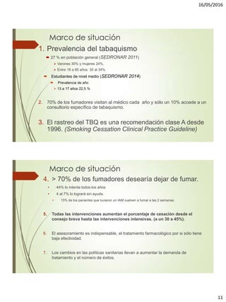 16/05/2016
11
Marco de situación
1. Prevalencia del tabaquismo
 27 % en población general (SEDRONAR 2011)
 Varones 30% y mujeres 24%.
 Entre 18 a 65 años: 30 al 34%
 Estudiantes de nivel medio (SEDRONAR 2014)
 Prevalencia de año
 13 a 17 años 22,5 %
2. 70% de los fumadores visitan al médico cada año y sólo un 10% accede a un
consultorio específico de tabaquismo.
3. El rastreo del TBQ es una recomendación clase A desde
1996. (Smoking Cessation Clinical Practice Guideline)
Marco de situación
4. > 70% de los fumadores desearía dejar de fumar.
• 44% lo intenta todos los años
• 4 al 7% lo logrará sin ayuda.
• 15% de los pacientes que tuvieron un IAM vuelven a fumar a las 2 semanas.
5. Todas las intervenciones aumentan el porcentaje de cesación desde el
consejo breva hasta las intervenciones intensivas. (a un 30 a 45%).
6. El asesoramiento es indispensable, el tratamiento farmacológico por si sólo tiene
baja efectividad.
7. Los cambios en las políticas sanitarias llevan a aumentar la demanda de
tratamiento y el número de éxitos.
 