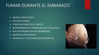 FUMAR DURANTE EL EMBARAZO
 ABORTO ESPONTANEO.
 PLACENTA PREVIA.
 COMPLICACIONES EN EL PARTO.
 DESPRENDIMIENTO PREMATURO DE LA PLACENTA.
 RUPTURA PREMATURA DE MEMBRANAS.
 ABORTOS ESPONTANEOS.
 AUMENTA EL % DE MORTALIDAD NEONATAL.
 