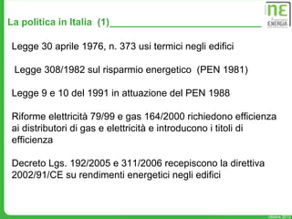 La politica in Italia (1)____________________________

Legge 30 aprile 1976, n. 373 usi termici negli edifici

 Legge 308/1982 sul risparmio energetico (PEN 1981)

Legge 9 e 10 del 1991 in attuazione del PEN 1988

Riforme elettricità 79/99 e gas 164/2000 richiedono efficienza
ai distributori di gas e elettricità e introducono i titoli di
efficienza

Decreto Lgs. 192/2005 e 311/2006 recepiscono la direttiva
2002/91/CE su rendimenti energetici negli edifici


                                12
                                                            ottobre 2012
 