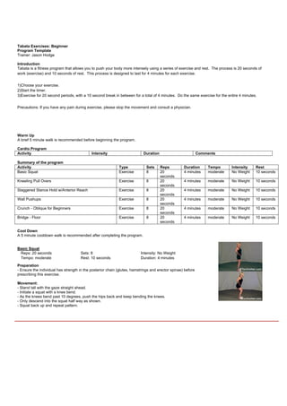 Tabata Exercises: Beginner
Program Template
Trainer: Jason Hodge

Introduction
Tabata is a fitness program that allows you to push your body more intensely using a series of exercise and rest. The process is 20 seconds of
work (exercise) and 10 seconds of rest. This process is designed to last for 4 minutes for each exercise.


1)Choose your exercise.
2)Start the timer.
3)Exercise for 20 second periods, with a 10 second break in between for a total of 4 minutes. Do the same exercise for the entire 4 minutes.


Precautions: If you have any pain during exercise, please stop the movement and consult a physician.




Warm Up
A brief 5 minute walk is recommended before beginning the program.

Cardio Program
Activity                                    Intensity                      Duration                          Comments

Summary of the program
Activity                                                    Type             Sets     Reps         Duration       Tempo      Intensity     Rest
Basic Squat                                                 Exercise         8        20           4 minutes      moderate   No Weight     10 seconds
                                                                                      seconds
Kneeling Pull Overs                                         Exercise         8        20           4 minutes      moderate   No Weight     10 seconds
                                                                                      seconds
Staggered Stance Hold w/Anterior Reach                      Exercise         8        20           4 minutes      moderate   No Weight     10 seconds
                                                                                      seconds
Wall Pushups                                                Exercise         8        20           4 minutes      moderate   No Weight     10 seconds
                                                                                      seconds
Crunch - Oblique for Beginners                              Exercise         8        20           4 minutes      moderate   No Weight     10 seconds
                                                                                      seconds
Bridge - Floor                                              Exercise         8        20           4 minutes      moderate   No Weight     10 seconds
                                                                                      seconds

Cool Down
A 5 minute cooldown walk is recommended after completing the program.


Basic Squat
 Reps: 20 seconds                    Sets: 8                             Intensity: No Weight
 Tempo: moderate                     Rest: 10 seconds                    Duration: 4 minutes
Preparation
- Ensure the individual has strength in the posterior chain (glutes, hamstrings and erector spinae) before
prescribing this exercise.

Movement:
- Stand tall with the gaze straight ahead.
- Initiate a squat with a knee bend.
- As the knees bend past 10 degrees, push the hips back and keep bending the knees.
- Only descend into the squat half way as shown.
- Squat back up and repeat pattern.
 