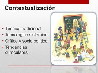 Contextualización
•
•
•
•

Técnico tradicional
Tecnológico sistémico
Crítico y socio político
Tendencias
curriculares

 