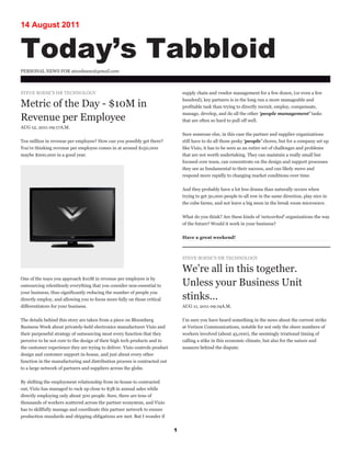 14 August 2011


Today’s Tabbloid
PERSONAL NEWS FOR steveboese@gmail.com



STEVE BOESE’S HR TECHNOLOGY                                                      supply chain and vendor management for a few dozen, (or even a few
                                                                                 hundred), key partners is in the long run a more manageable and
Metric of the Day - $10M in                                                      profitable task than trying to directly recruit, employ, compensate,
                                                                                 manage, develop, and do all the other ‘people management’ tasks
Revenue per Employee                                                             that are often so hard to pull off well.
AUG 12, 2011 09:17A.M.
                                                                                 Sure someone else, in this case the partner and supplier organizations
Ten million in revenue per employee? How can you possibly get there?             still have to do all those pesky ‘people’ chores, but for a company set up
You’re thinking revenue per employee comes in at around $150,000                 like Vizio, it has to be seen as an entire set of challenges and problems
maybe $200,000 in a good year.                                                   that are not worth undertaking. They can maintain a really small but
                                                                                 focused core team, can concentrate on the design and support processes
                                                                                 they see as fundamental to their success, and can likely move and
                                                                                 respond more rapidly to changing market conditions over time.


                                                                                 And they probably have a lot less drama than naturally occurs when
                                                                                 trying to get 50,000 people to all row in the same direction, play nice in
                                                                                 the cube farms, and not leave a big mess in the break room microwave.


                                                                                 What do you think? Are these kinds of ‘networked’ organizations the way
                                                                                 of the future? Would it work in your business?


                                                                                 Have a great weekend!



                                                                                 STEVE BOESE’S HR TECHNOLOGY

                                                                                 We’re all in this together.
One of the ways you approach $10M in revenue per employee is by
outsourcing relentlessly everything that you consider non-essential to           Unless your Business Unit
your business, thus significantly reducing the number of people you
directly employ, and allowing you to focus more fully on those critical          stinks...
differentiators for your business.                                               AUG 11, 2011 09:19A.M.


The details behind this story are taken from a piece on Bloomberg                I’m sure you have heard something in the news about the current strike
Business Week about privately-held electronics manufacturer Vizio and            at Verizon Communications, notable for not only the sheer numbers of
their purposeful strategy of outsourcing most every function that they           workers involved (about 45,000), the seemingly irrational timing of
perceive to be not core to the design of their high tech products and to         calling a stike in this economic climate, but also for the nature and
the customer experience they are trying to deliver. Vizio controls product       nuances behind the dispute.
design and customer support in-house, and just about every other
function in the manufacturing and distribution process is contracted out
to a large network of partners and suppliers across the globe.


By shifting the employment relationship from in-house to contracted
out, Vizio has managed to rack up close to $3B in annual sales while
directly employing only about 300 people. Sure, there are tens of
thousands of workers scattered across the partner ecosystem, and Vizio
has to skillfully manage and coordinate this partner network to ensure
production standards and shipping obligations are met. But I wonder if


                                                                             1
 
