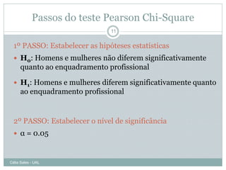 Passos do teste Pearson Chi-Square
                               11


  1º PASSO: Estabelecer as hipóteses estatísticas
   H0: Homens e mulheres não diferem significativamente
      quanto ao enquadramento profissional

   H1: Homens e mulheres diferem significativamente quanto
      ao enquadramento profissional


  2º PASSO: Estabelecer o nível de significância
   α = 0.05



Célia Sales - UAL
 