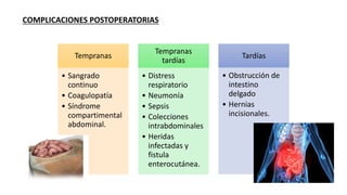 COMPLICACIONES POSTOPERATORIAS
Tempranas
• Sangrado
continuo
• Coagulopatía
• Síndrome
compartimental
abdominal.
Tempranas
tardías
• Distress
respiratorio
• Neumonía
• Sepsis
• Colecciones
intrabdominales
• Heridas
infectadas y
fistula
enterocutánea.
Tardías
• Obstrucción de
intestino
delgado
• Hernias
incisionales.
 
