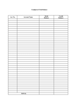 Unadjusted Trial Balance
Acc No. Account Name
Debit
Balance
Credit
Balance
TOTAL
 
