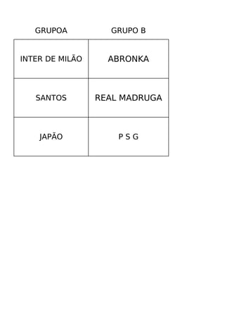 GRUPOA          GRUPO B


INTER DE MILÃO     ABRONKA



   SANTOS        REAL MADRUGA



    JAPÃO            PSG
 