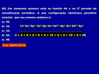 05) Um elemento químico está na família 4A e no 5º período da
classificação periódica. A sua configuração eletrônica permitirá
concluir que seu número atômico é:
a) 50.
b) 32.
c) 34.
d) 82.
e) 46.
2s2
1s2
2p6
3s2
3p6
4s2
3d10
4p6
5s2
4d10
5p2
2 + 2 + 6 + 2 + 6 + 2 + 10 + 6 + 2 + 10 + 2 = 50
Prof. VINNY SILVA
 